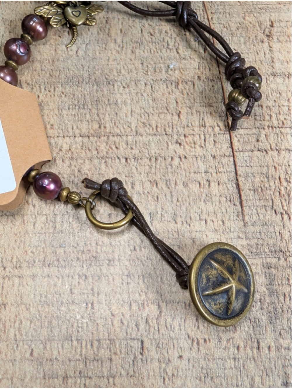 NEW Artisan Boho Cranberry Rustic Pearls Brown Knotted Leather Cord Button Brace - Picture 7 of 7